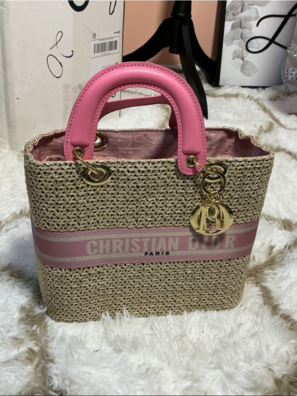 Embroidered Dior Logo Raffia Tote with Pink Trim and Gold Hardware
